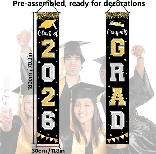 Vista 4 de Bandera de decoración de graduación 2025 GRAD Bandera negra para porche y puerta de bienvenida para pared interior y exterior, decoración