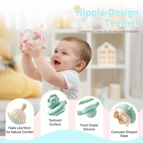 Vista 3 de Juguetes sensoriales Montessori para bebés, mordedores de silicona para bebés de 3 a 6 a 12 meses, regalos para recién nacidos, niños y niñas (azul)