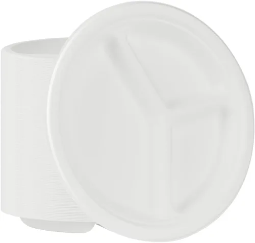 Vista 2 de Restaurantware Platos redondos sin PFAS añadidos de 10.3 x 1 pulgada, 100 platos desechables, sostenibles, 3 compartimentos, platos de bagazo
