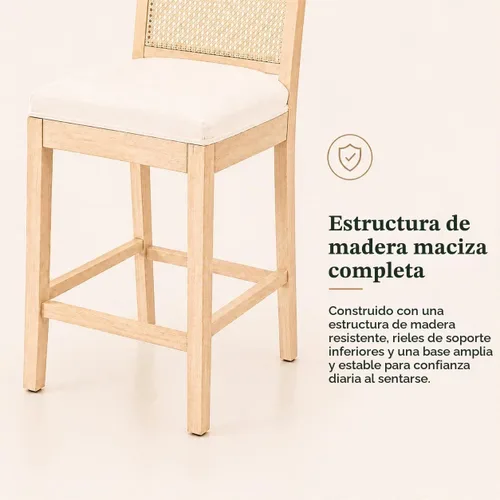 Vista 4 de Juego de 2 taburetes de bar de altura de mostrador, sillas de isla de cocina con respaldo de caña beige, taburetes de bar de ratán con respaldo