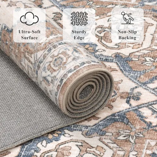 Vista 5 de Alfombra de pasillo vintage de 2 x 6 pies de pelo bajo Marrón beige