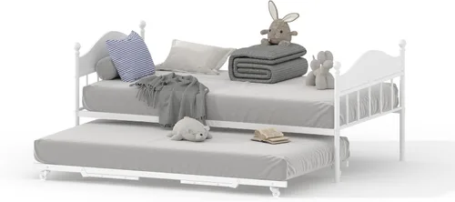 Vista 10 de IDEALHOUSE Sofá cama individual de metal con nido desplegable, cama de plataforma de listones de acero resistente con cabecera elegante, marco