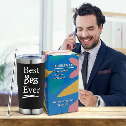 Vista 4 de Regalos para jefes para hombres y mujeres, vaso de vino negro de 20 onzas con tapa y pajilla, perfecto para regalos del día del jefe, Navidad