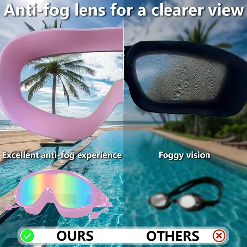 Vista 5 de Gafas de natación para adultos para mujeres y hombres, sin fugas, sin niebla, visión amplia, gafas de sol con tapones para los oídos y clip
