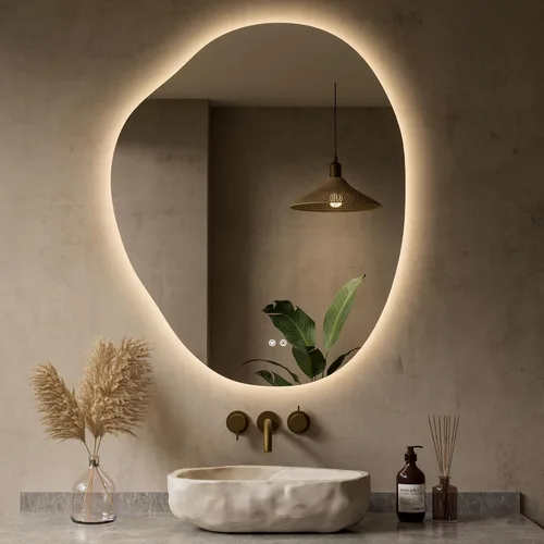 Vista 14 de Keonjinn Espejo de baño retroiluminado asimétrico de 22 x 30 pulgadas con luces, espejo LED irregular con vidrio templado HD, controlador LED