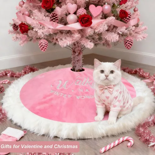 Vista 3 de yuboo Falda de árbol de Navidad rosa, 36 pulgadas de piel sintética de lujo con copos de nieve bordados, alfombra de árbol rosa rubor para árbol