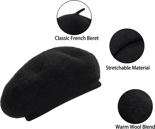 Vista 16 de INOGIH Boina francesa de mezcla de lana para mujer, gorro sólido elástico, boina cálida de invierno