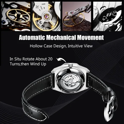 Vista 3 de RORIOS Reloj mecánico automático para hombre con correa de piel cuerda automática Tourbillon