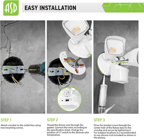 Vista 7 de ASD Luz LED de seguridad para exteriores de 25 W, 2500 lm, luz de inundación con sensor de movimiento, 3000 K/4000 K/5000 K, IP65 impermeable