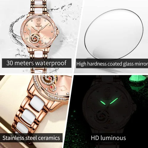Vista 5 de OLEVS Relojes para mujer, de cuerda automática, oro rosa, diamante, reloj de pulsera mecánico automático, acero inoxidable, dos tonos, pulsera