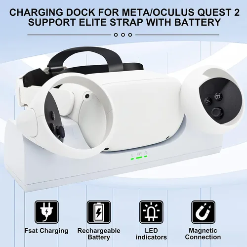 Vista 2 de VR Charger Dock for Quest 2 Accessories, Station Stand for Charging MetaOculus Quest 2 Controller Headset with Elite Strap Attached