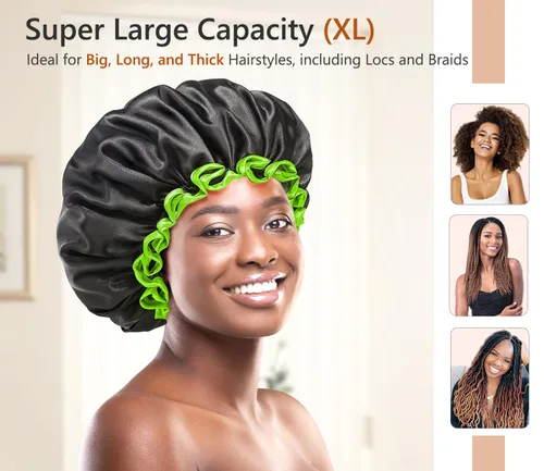 Vista 3 de Gorro de ducha negro extra grande para mujeres y hombres con cabello grueso, largo y trenzas, reutilizable, impermeable, de doble capa XL, gorros