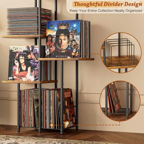 Vista 4 de Soporte para Tocadiscos, Soporte de Almacenamiento de Discos de Vinilo con Estante de Exhibición, Mesa de Soporte para Tocadiscos con Divisores