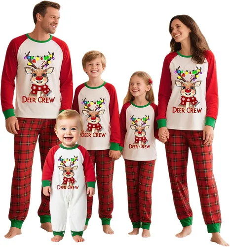 Vista 29 de Awoscut - Conjunto de pijamas navideños a juego, con estampado en la parte superior y pantalones a cuadros #B-7