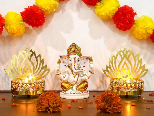 Vista 6 de alikiki Estatua de ídolo del señor indio Ganesha – Dios hindú en tono dorado de 5 pulgadas de alto, Ganpati Mandir Diwali Pooja, artículo