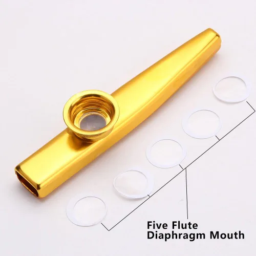 Vista 3 de Metal Kazoo instrumento musical, mirlitón pequeño y profesional con cinco repuestos de membranas para niños, regalo de Navidad, Dorado