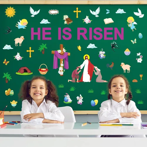Vista 4 de Tablero de anuncios de Pascua Jesús Él ha resucitado, decoraciones para el aula, Pascua religiosa Jesús resurrección, recortes de cruz, Biblia