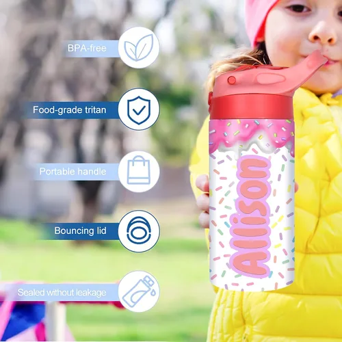 Vista 5 de Botella de agua personalizada para niños, niñas, niños, botellas de agua personalizadas de 12 onzas con nombre y tapa de pajilla, tazas de acero