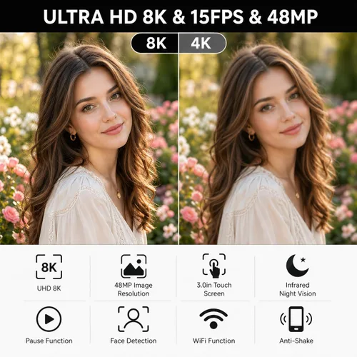 Vista 4 de Videocámara, videocámara 8K de 48 MP 15FPS UHD con Wi-Fi, cámara para vlogging con visión nocturna IR para YouTube, pantalla táctil de 3" con zoom