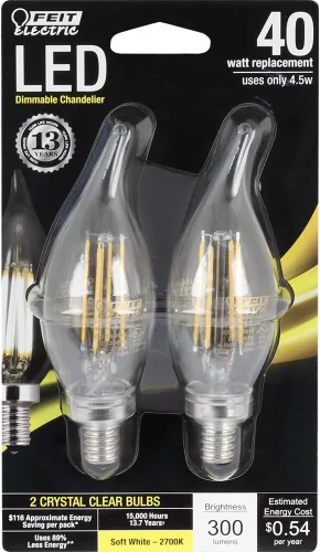 Vista 14 de Feit Electric BPCFF40/827/LED/2 Bombilla LED regulable, equivalente a 40 W, 120 voltios, 300 lúmenes, base de candelabro, 2700 K, CRI >80, blanco