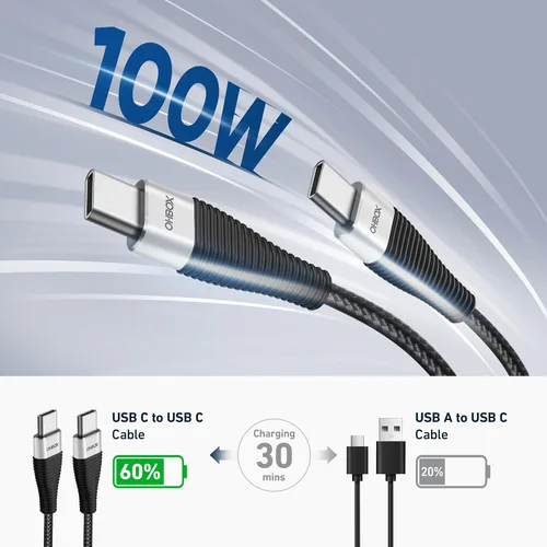 Vista 2 de Cable USB C corto de 1 pie USB C a C Cable de carga rápida de 100 W, paquete de 3 unidades, negro