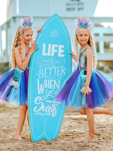 Vista 2 de Mermaid Birthday Outfits Mermaid Dress with Headband for Girls Mermaid Costume Tutu Skirt with Bag for Little Girls