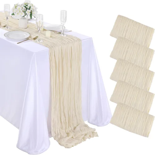 Vista 15 de LuoluoHouse Beige Gauze Table Runner 17x120 Inch Summer Boho Cheesecloth Runner Fabric for Wedding Reception Party Decor Bridal Shower Bulk Table