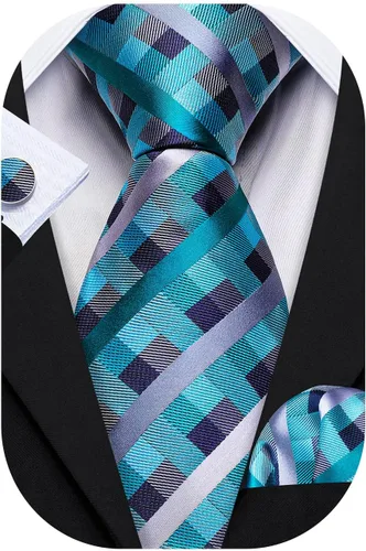 Vista 82 de Barry.Wang Juego de corbatas a cuadros para hombre con pañuelo gemelos de rayas clásicas
