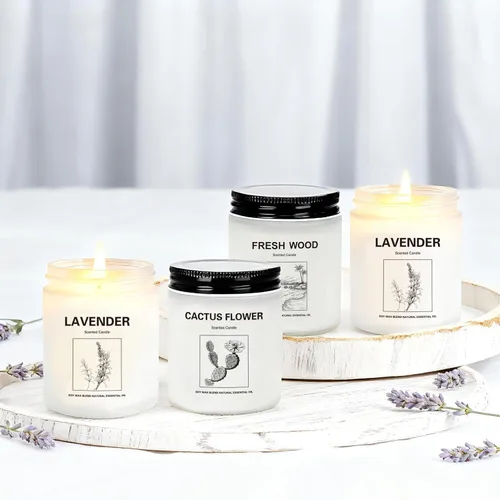 Vista 6 de Velas perfumadas para el hogar, paquete de 4 velas de soja de regalo con 4 aromas de fragancia, velas florales y de madera de lavanda