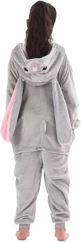 Vista 5 de HIBCIGA Disfraz de mameluco para niños, cosplay de animales para niños y niñas, Halloween, cálido, de felpa, de una pieza, conejo gris