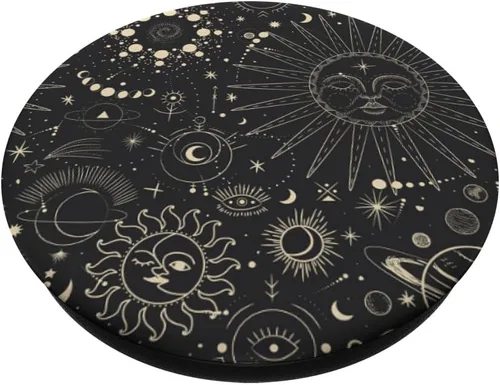 Vista 2 de PopSockets intercambiables con diseño de estrellas espaciales astrológicas y luna, color negro