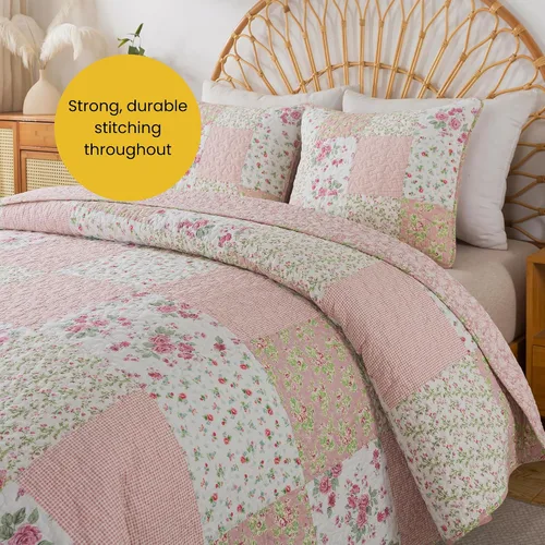 Vista 4 de Soul & Lane Blush Bloom - Juego de colcha de algodón, tamaño individual con 1 funda de almohada, colcha acolchada floral con diseño de parches