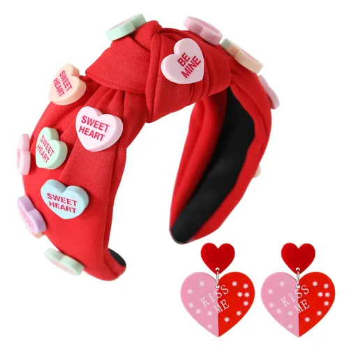 Vista 11 de Diademas de corazón de caramelo para el día de San Valentín para mujer, diadema de corazón de conversación de amor con diamantes de imitación