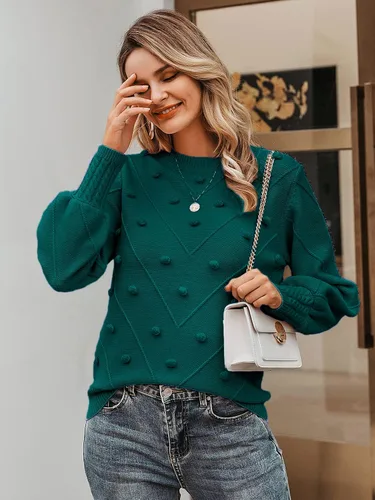 Vista 2 de Miessial Women's Fall Crew Neck Pullover Sweater Cute Long Puff Sleeve Chunky Knit Sweater Pompom Jumper Top