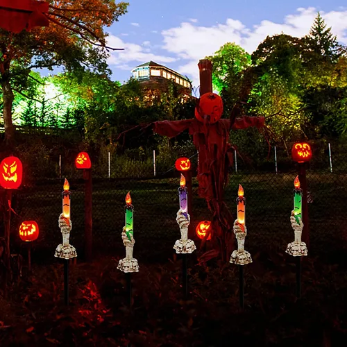 Vista 7 de WATERGLIDE Juego de 5 estacas de luz para velas de Halloween, diseño de manos de esqueleto, resistentes al agua, funciona