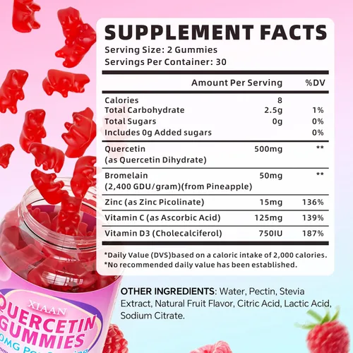Vista 2 de Gomitas de quercetina de 500 mg para niños y adultos, suplementos de quercetina orgánica con bromelina, zinc, vitamina C y D3, antioxidante y salud