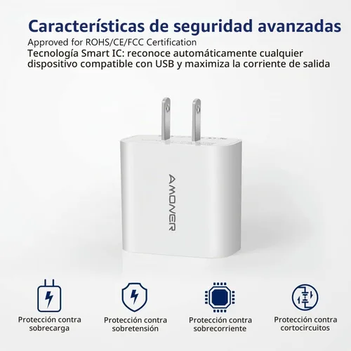Vista 4 de Cargador de pared USB, Amoner Pack de 2 de 15W con 3 puertos USB, bloque de carga en forma de cubo para iPhone 14/13/12/11/X/XR/X/8/7/6, Galaxy