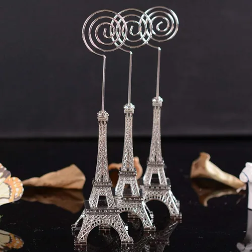 Vista 6 de Cabilock 4 soportes para notas con forma de torre Eiffel, elegantes decoraciones de mesa para oficina, hogar, bodas, cumpleaños y eventos, diseño