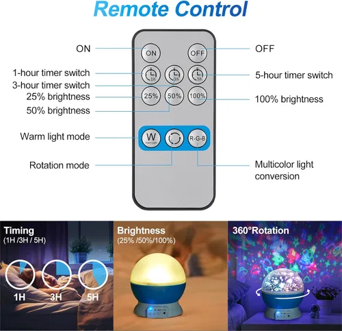 Vista 7 de Luces nocturnas de Navidad para bebé con control remoto, proyector de luna de rotación de 360 grados, 4 bombillas LED, 8 luces que cambian