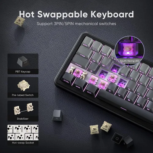 Vista 6 de RedThunder Teclado mecánico inalámbrico para juegos K65, conexión de modos de viaje, teclado de intercambio en caliente personalizado de junta
