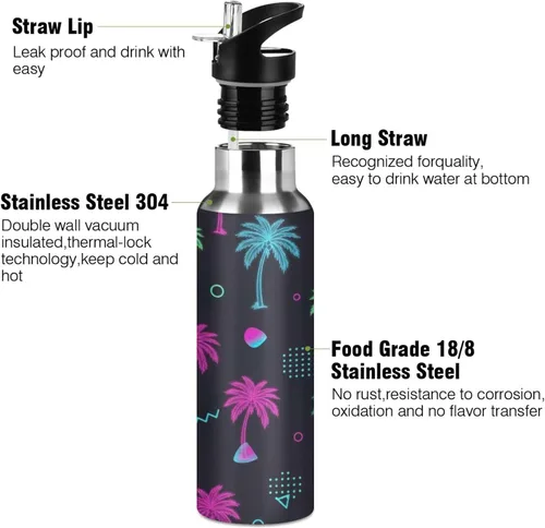 Vista 3 de Tropical Palm Trees - Botella de agua de acero inoxidable con aislamiento de neón con pajilla, 32 onzas, sin BPA, botella de agua deportiva a prueba