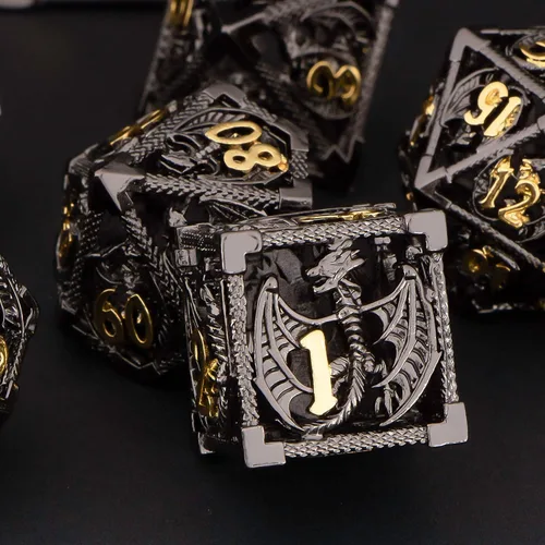 Vista 4 de KERWELLSI Juego de dados huecos D&D con caja de regalo, 7 dados de metal poliédrico D y D para juegos de rol, dados de dragón de mazmorra D20 D12