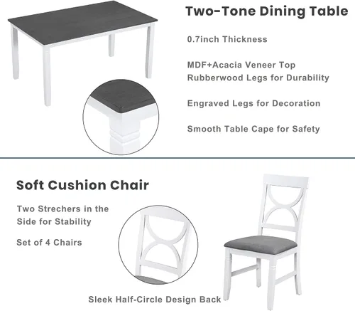 Vista 225 de Juego de mesa de comedor vintage de 6 piezas, juego de mesa de comedor de cocina de madera maciza con 4 sillas ergonómicas acolchadas y banco, mesa
