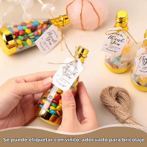 Vista 6 de Gerrii - 50 botellas de plástico para champán, contenedor metálico para Recuerdos de boda dorados, etiquetas de regalo y cuerdas con cuerda