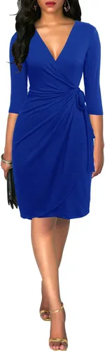 Vista 3 de Berydress - Vestido clásico para mujer con manga 34, cuello en V, cruzado simulado, informal, para fiestas y trabajo, negro