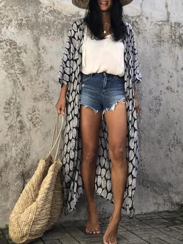 Vista 2 de Chunoy Women Loose Open Front Long Kimono Cardigan Beach Wear Cover Up