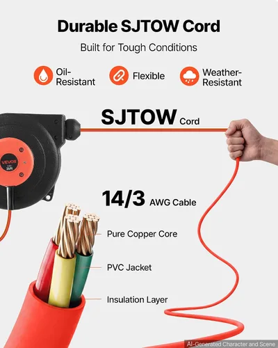 Vista 5 de VEVOR Carrete de cable de extensión retráctil de 25 pies resistente 14AWG