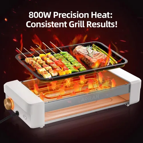 Vista 6 de AORAN - Parrilla eléctrica para interiores sin humo, parrilla de encimera de 800 W con platos de cocina antiadherentes extraíbles y estante
