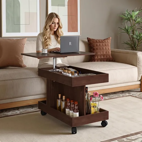 Vista 27 de Henf Mesa auxiliar elevable con almacenamiento, mesas de centro de madera maciza de 47.24 pulgadas con parte superior elevable, 3 bandejas