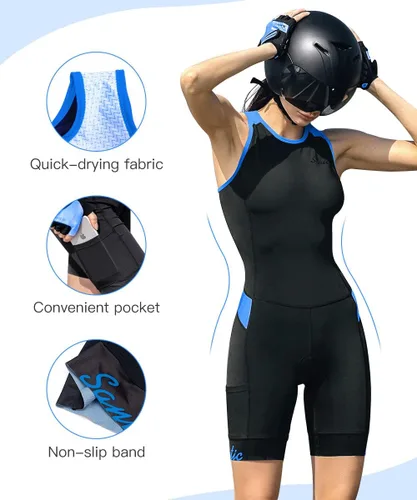 Vista 2 de Traje de triatlón de una pieza sin mangas para mujer, acolchado de secado rápido, adelgazante, para correr, nadar, ciclismo